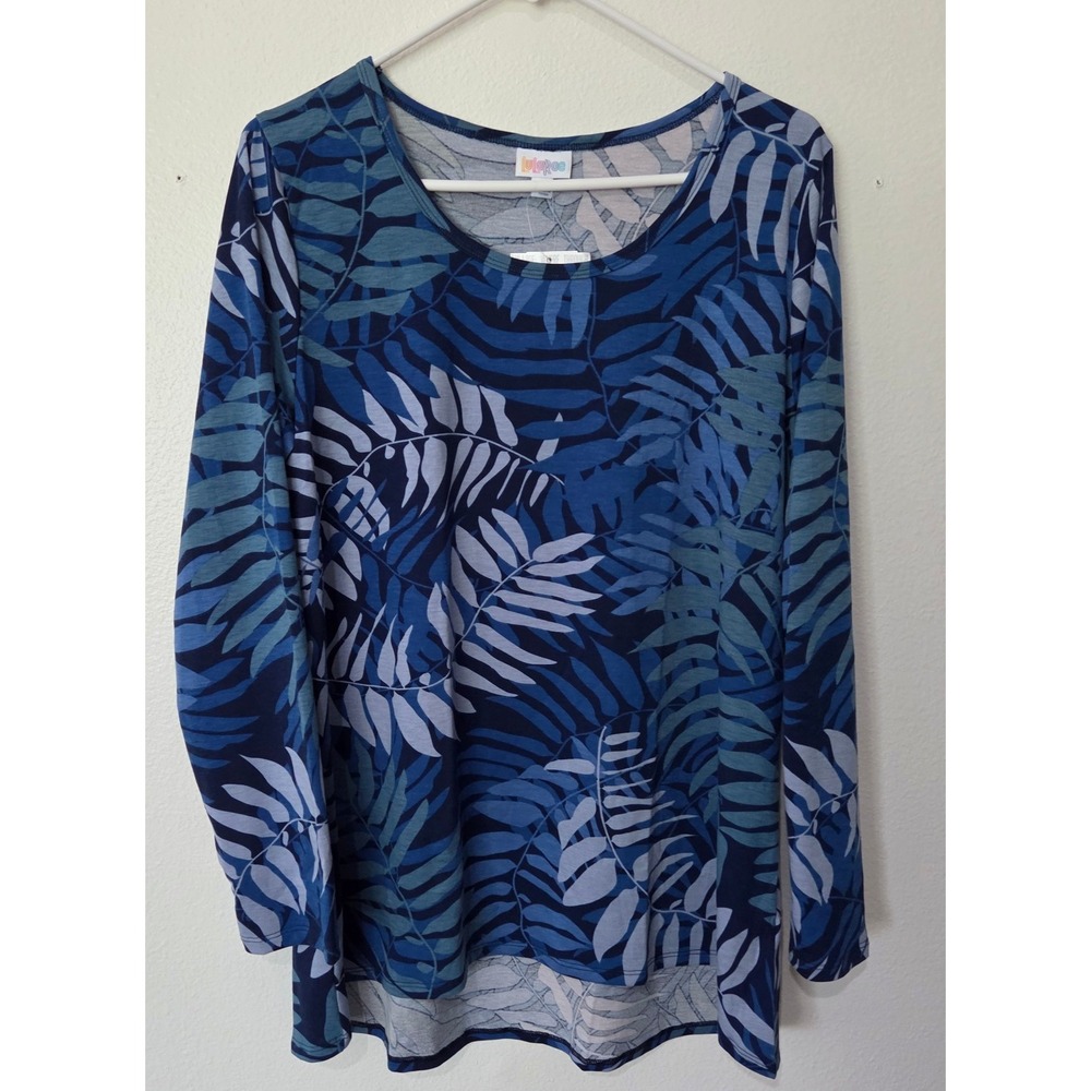 NWT LuLaRoe Lynnae Top XL Blue Tropical Palm Leaf Tunic Long Sleeve High Low Hem